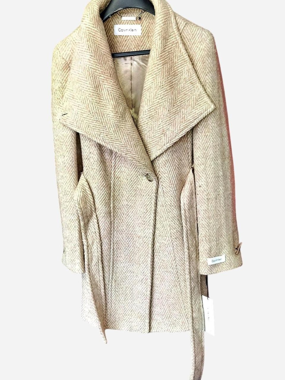 Calvin Klein Beige Herringbone Wool-Blend Trench Coat
